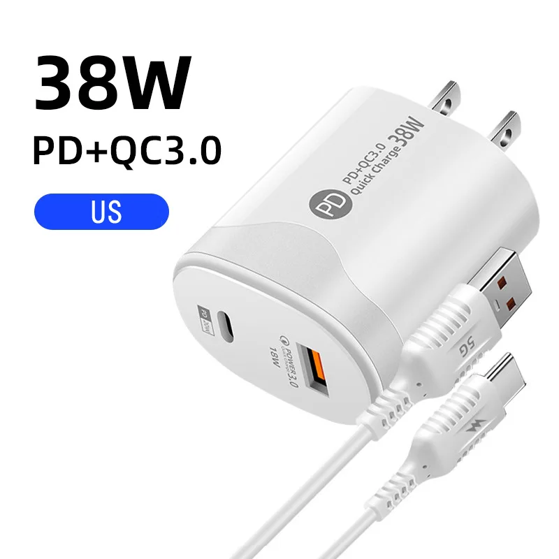 38W American Standard Type-c Fast Charging Head Pd20w + Qc3.0 Smart Phone Direct Charging Charger with Data Cable