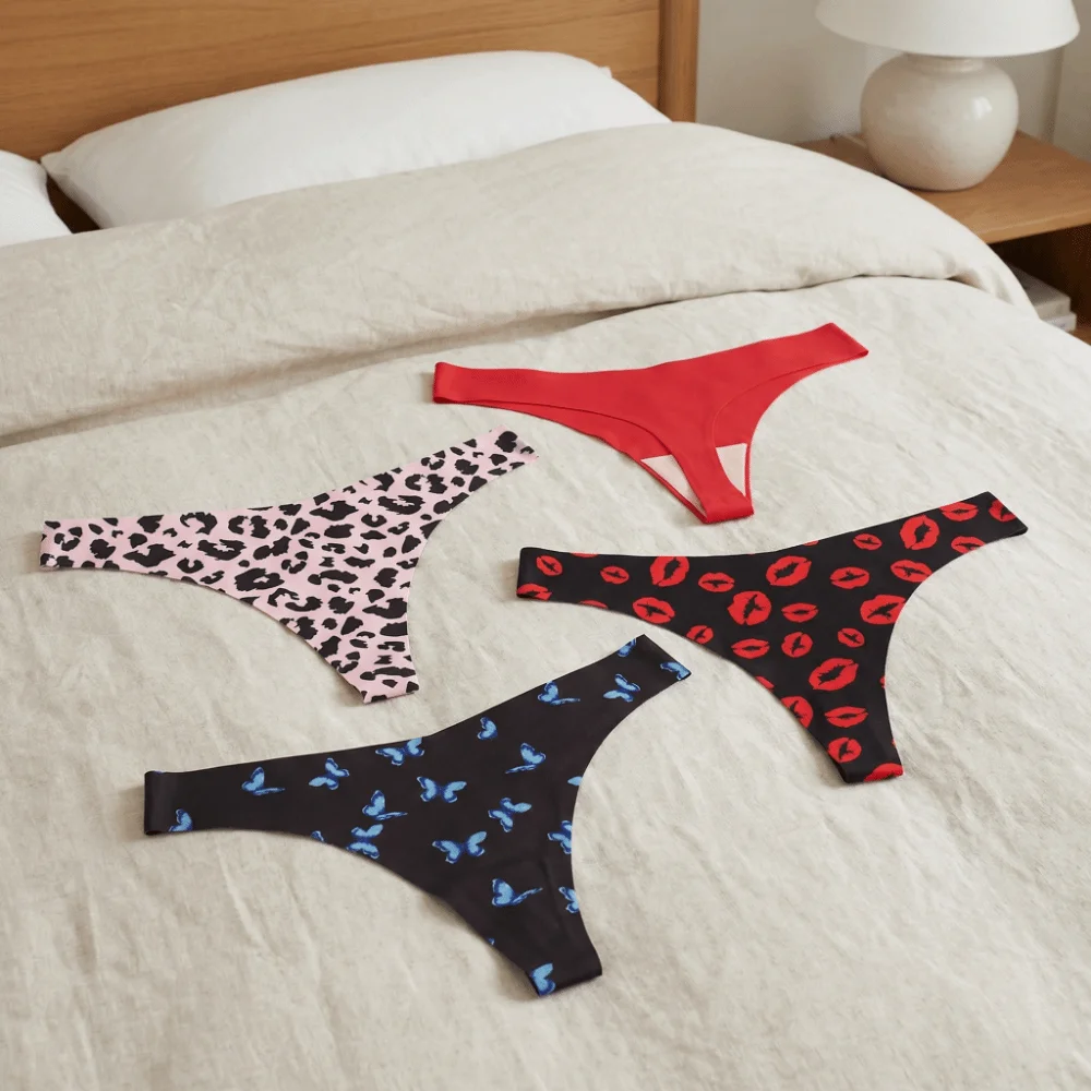 

Fashion Cotton Crotch Underwear for Women Lip Butterfly Seamless Thong Low-waist Underpants Leopard Panties Gifts