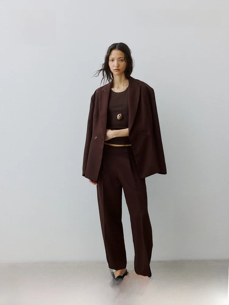

H&M Women's Trousers 2026 Summer New Style 3D Suit Pants Button Decorated Commute Cylindrical Long Pants Casual Wide Leg Pants