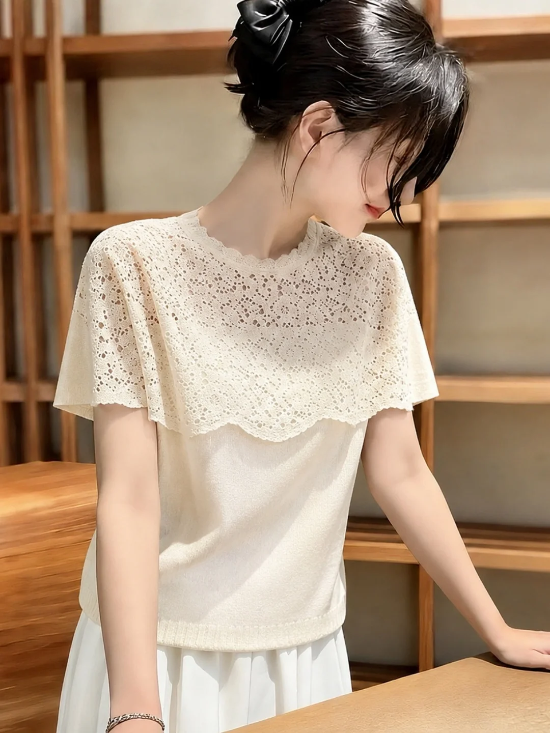 

Lace Splice Short Sleeve T-Shirt Commute Simple Match High Sense Age Reduction Women's Shirt Korean Style Straight Cut Silk