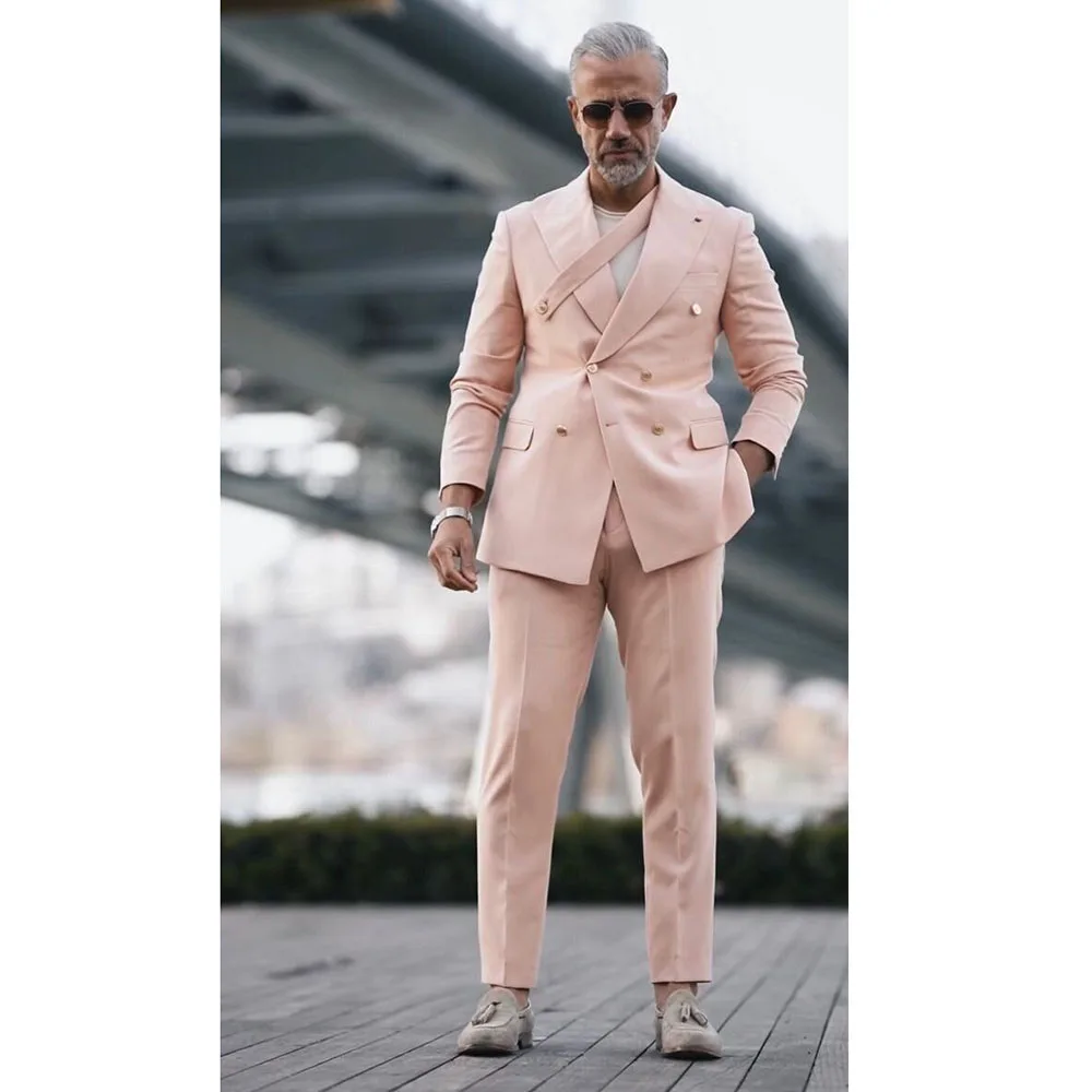 

Dusty Pink Double Breasted High Quality Men Suits Regular Length Peak Lapel Casual Outfits Set Elegant 2 Piece Jacket Pants