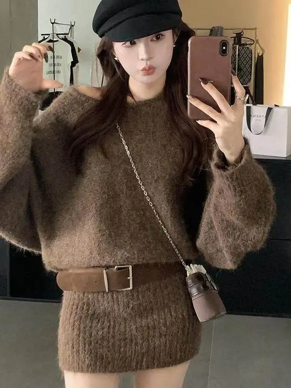 Laid-back Shoulder Bared Knitted Sweater Unique Loose Waist-Cinching Baggy Midi Dress with Belt for Women Autumn Fashion - view 5