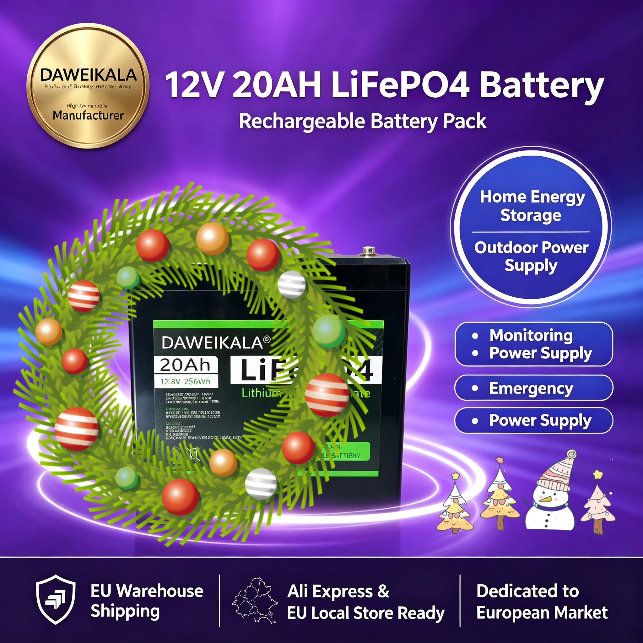 Batteria al litio Daweikala 12V 20Ah, batteria ricaricabile LiFePO4 a ciclo profondo per sistemi solari, camper, campeggio, sistemi di allarme, alimentazione di emergenza, disponibile in negozio