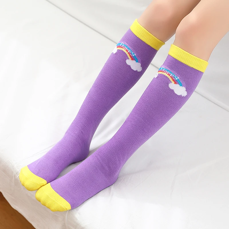 Spring baby girls soft cotton warm long socks kawaii cartoon rainbow cloud over knee high socks cute stripe star kids boys socks