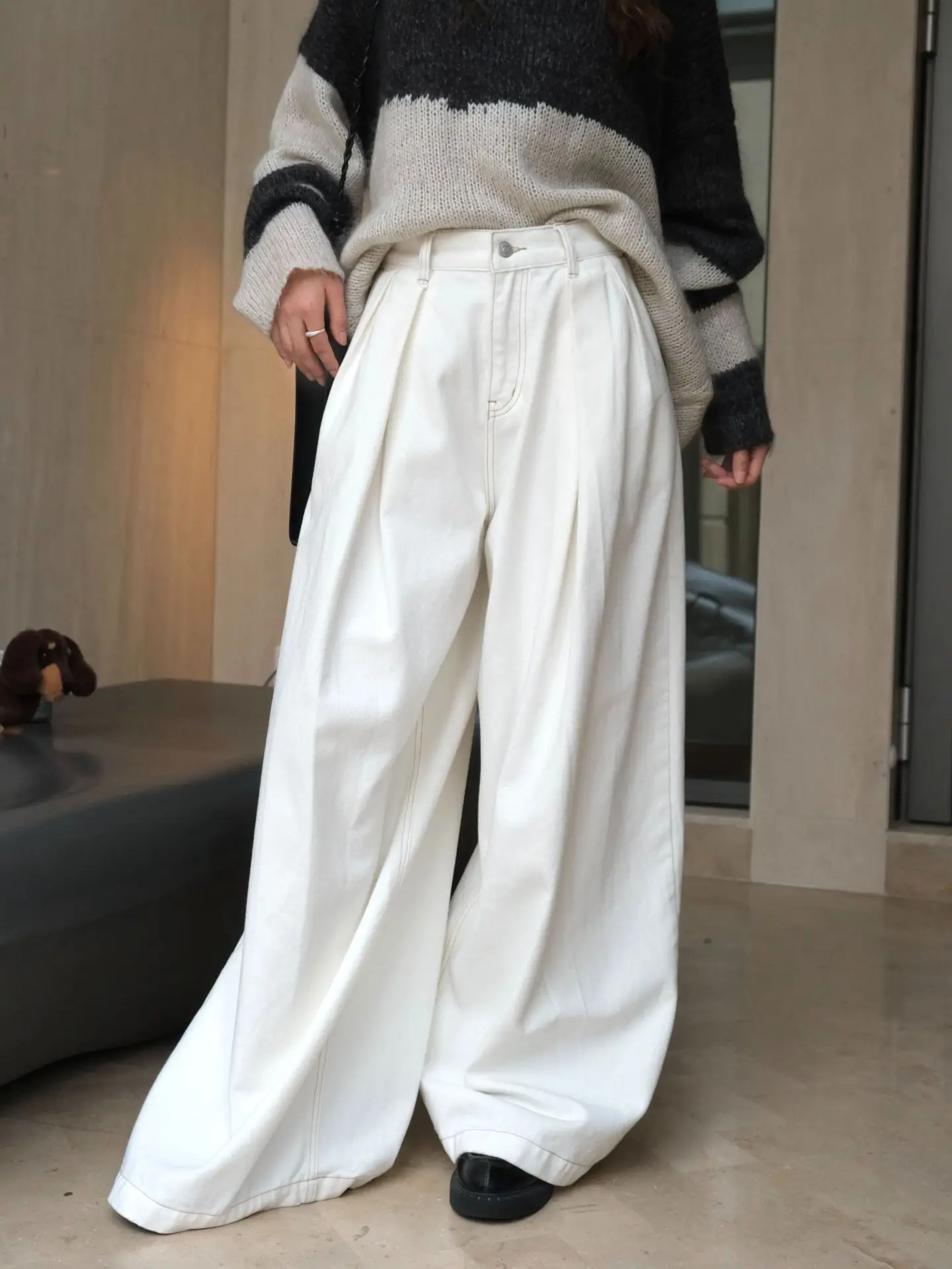 女性用ハイウエストバギーパンツ,ワイドレッグ,カジュアル,無地,秋冬