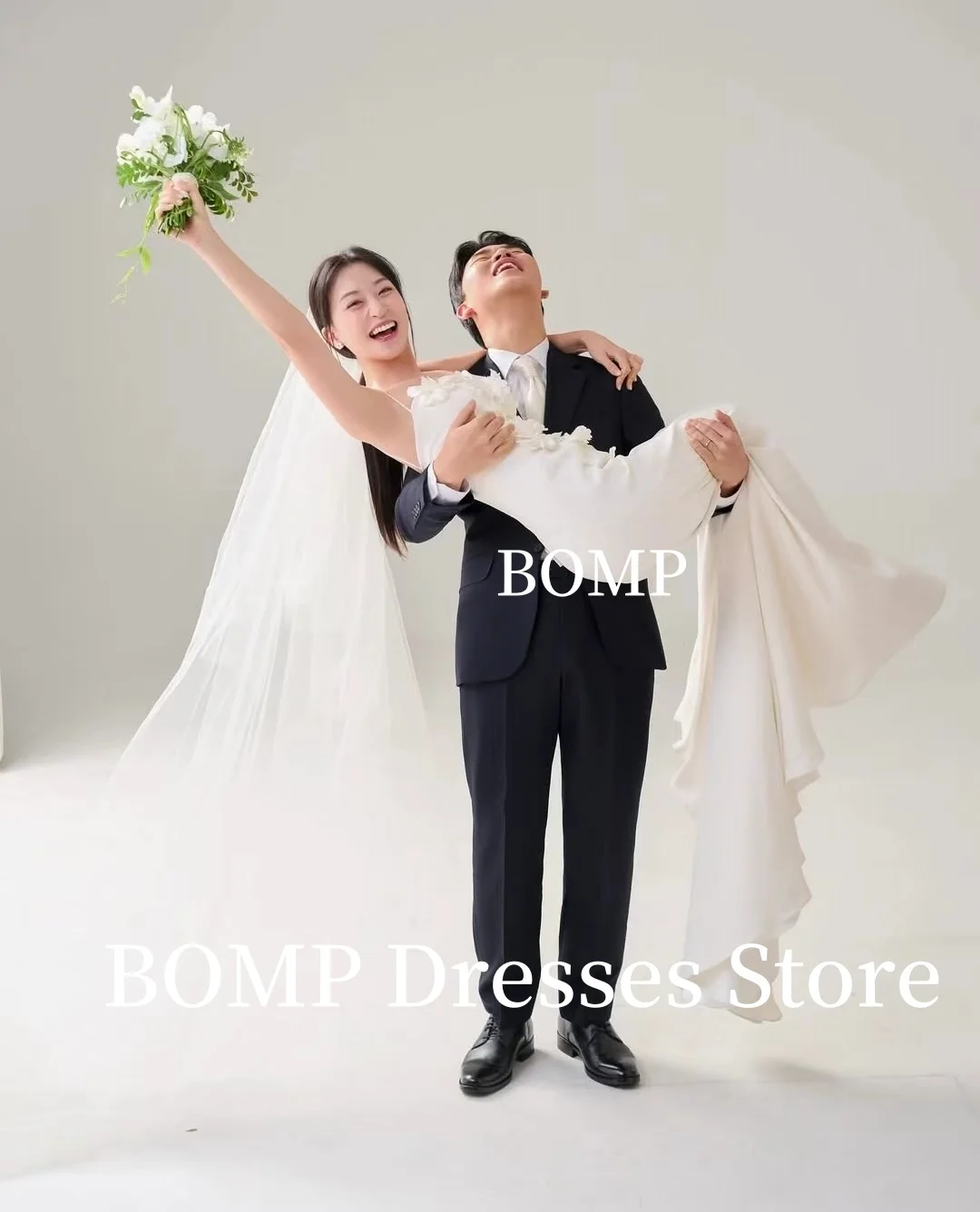 BOMP Elegantes Hochzeitskleid mit Applikationen, Meerjungfrau, bodenlang, Sweep-Zug, Abendpartykleid, Korea, Fotoshooting, individuell gestaltet, einfach