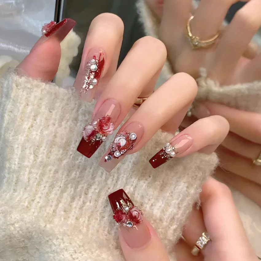 Abestyou - Kit de 24 Uñas Postizas Cuadradas Medianas Hechas a Mano con Flores 3D, Gemas, Perlas y Adhesivos al Agua