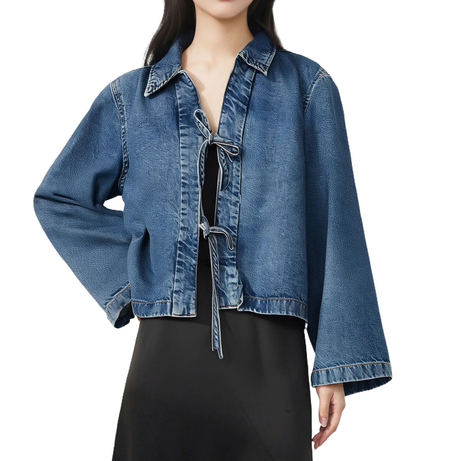 

Women Denim Jacket Casual Long Sleeve Tied Front Design Fashionable Outerwear Trendy Fall Winter Blue Jean Coat Layering Piece