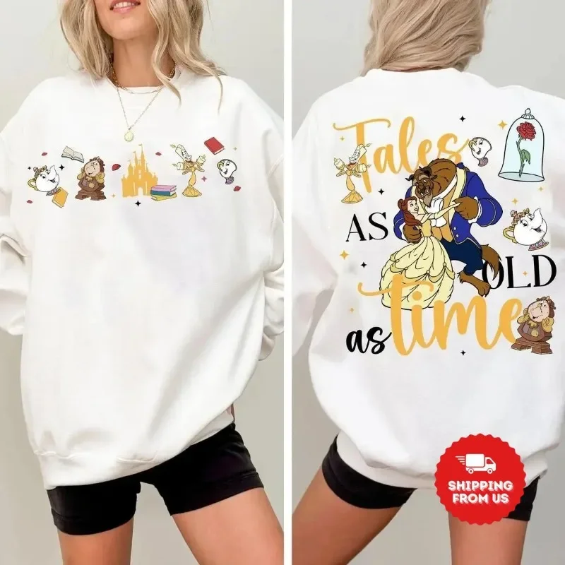 سويت شيرت مطبوع على الوجهين من Disney Princess Bookstore Legend PNG، Beauty and The Beast Princess Journey