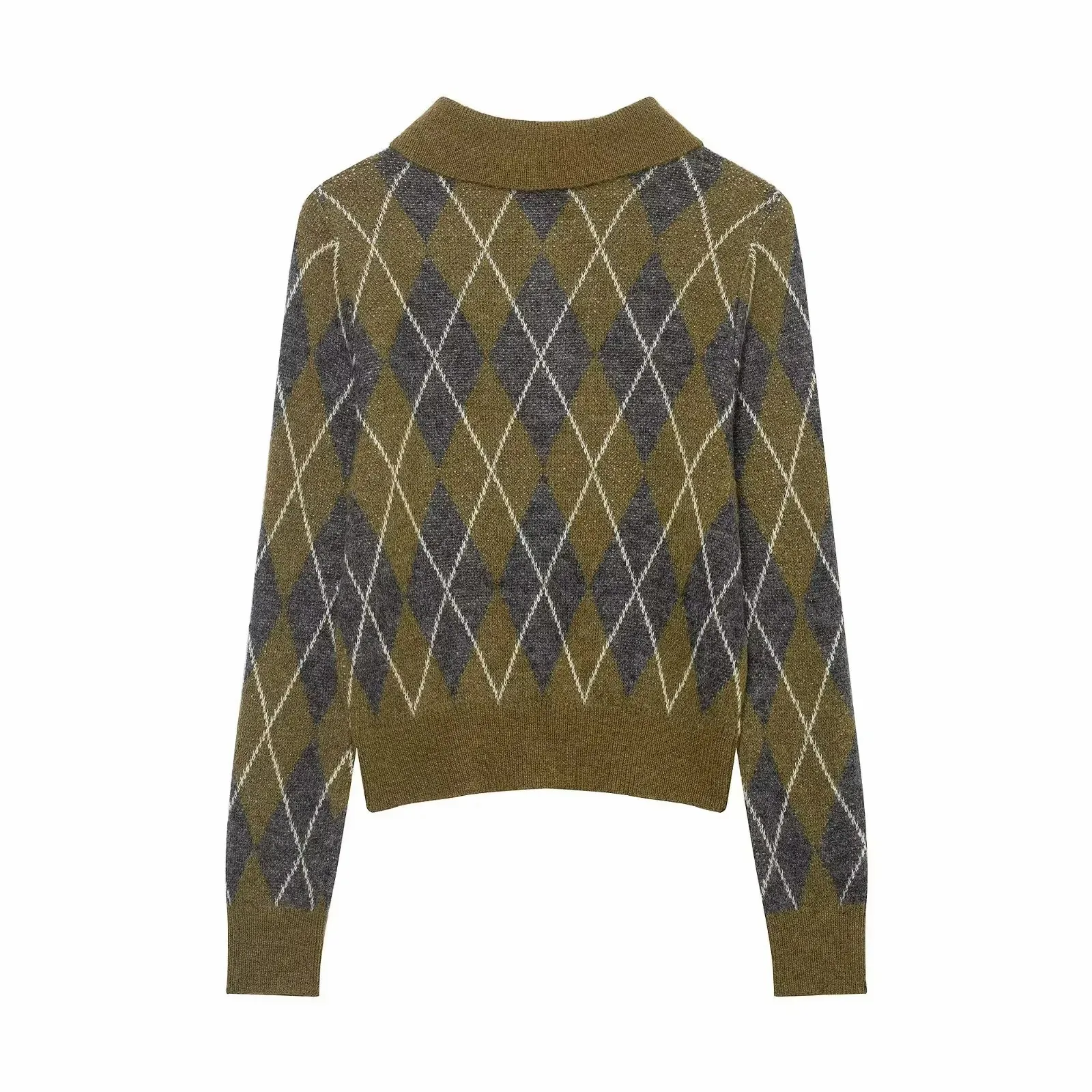 Damen Vintage Diamant Geometrisches Muster Häkel-Strickpullover Weiblicher Schicker Polokragen Schlanker Pullover Mantel Damenoberteile – Detail 9