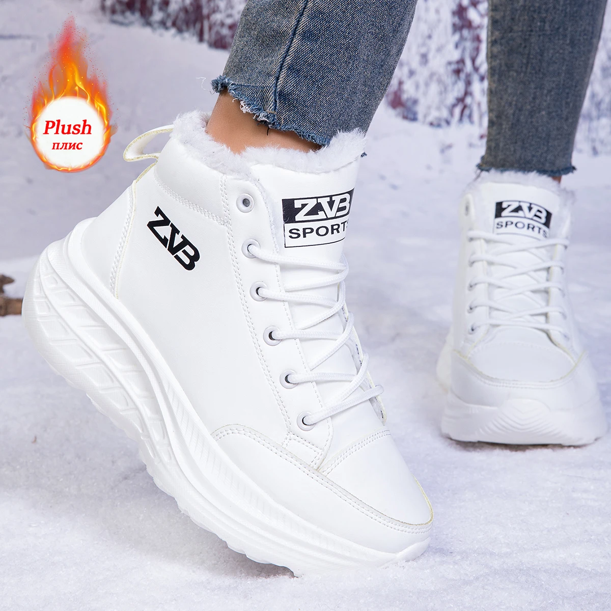 Women's Winter Warm Thickeneded Velvet Snow Boots, White Mid-Top Lace-Up Design, Soft and Comfortable Elastic Cushioning Outsole, a Pair of White Casual Shoes