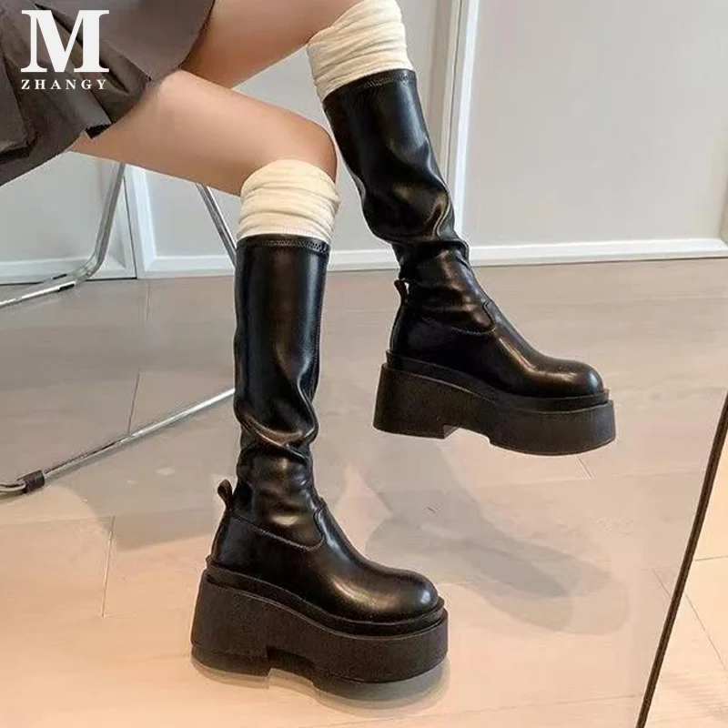 Bottes hautes en cuir à plateforme pour femmes, talons hauts, chaussures de moto mi-mollet, mode de créateur, nouvelle marque tendance, hiver 2025