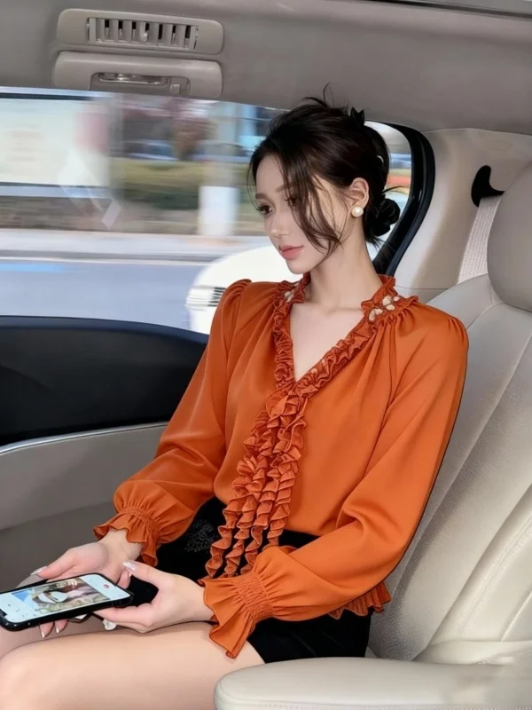 

Orange Lantern Sleeve Ruffle Collar Tie Waist Shirt Women's High-End Lightweight Luxury Inner Wear Bell Sleeve Top