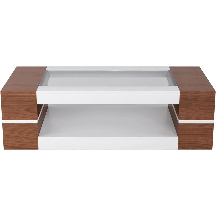 47.2 Modern Stylish Coffee Table with Glass Table Top Large Living Room Table Rectangular 2Tier Center Tables with Storage Wood