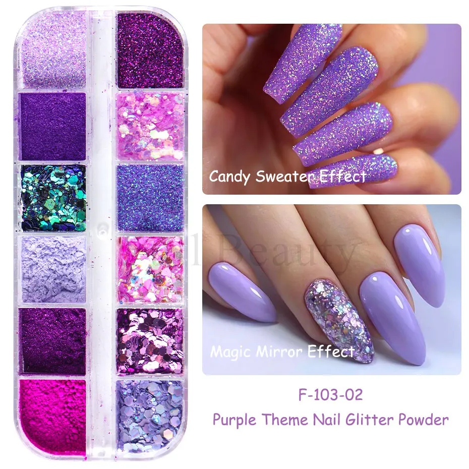 12Grid Purple Nail Art Sugar Powder Shiny Dipping Dust Mixed Hexagon Mermaid Nail Flakes Paillette DIY Decoration Manicure