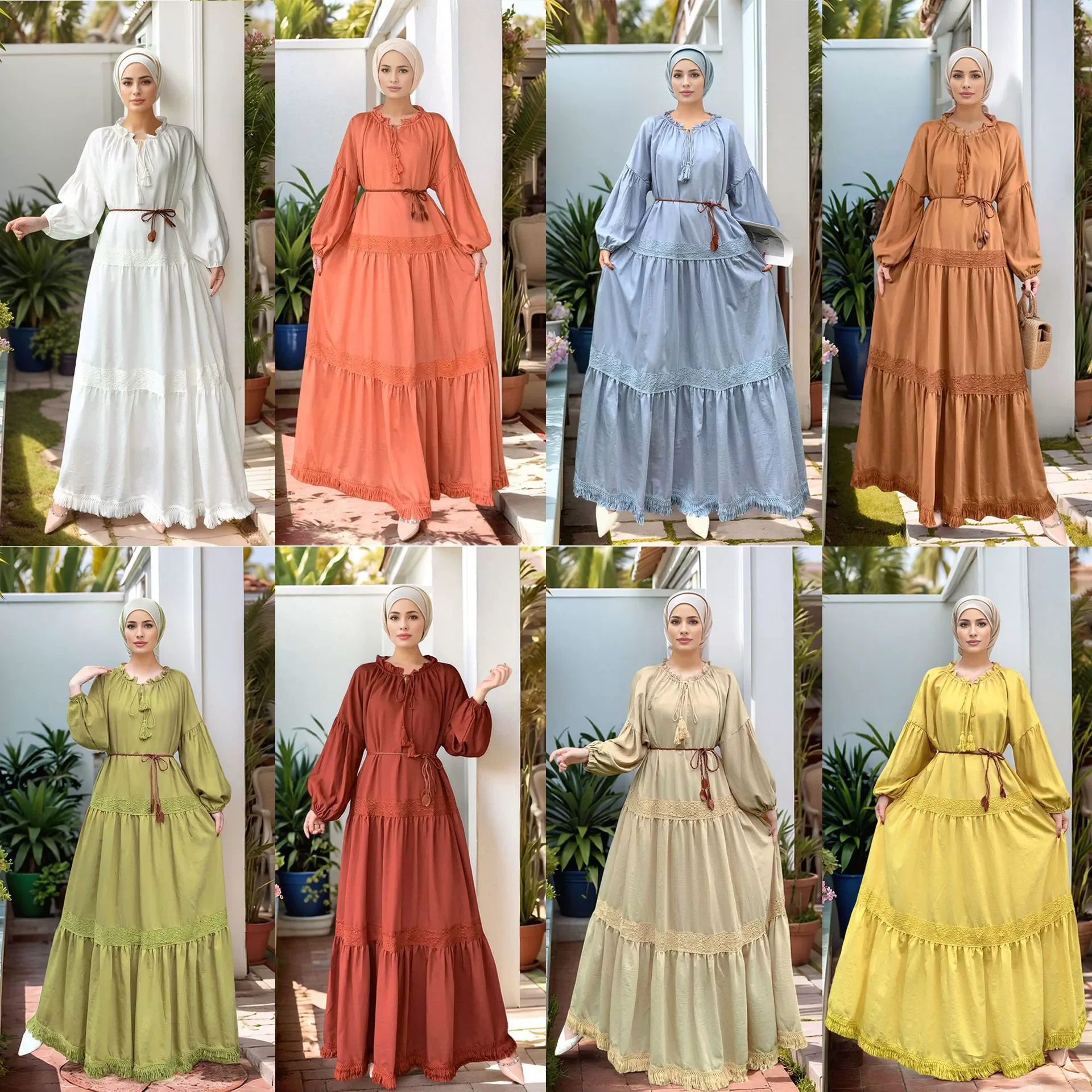 

Muslim luxury fashion Dubai dress Middle East Saudi Arabia women's long dress lace patchwork small V-neck loose fringe dress