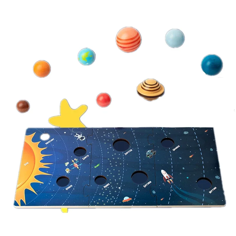 Baby Montessori Wooden Early Education Toys Universe Cognition Solar 3D Eight Planets Puzzle Toy System Planet Matching Board