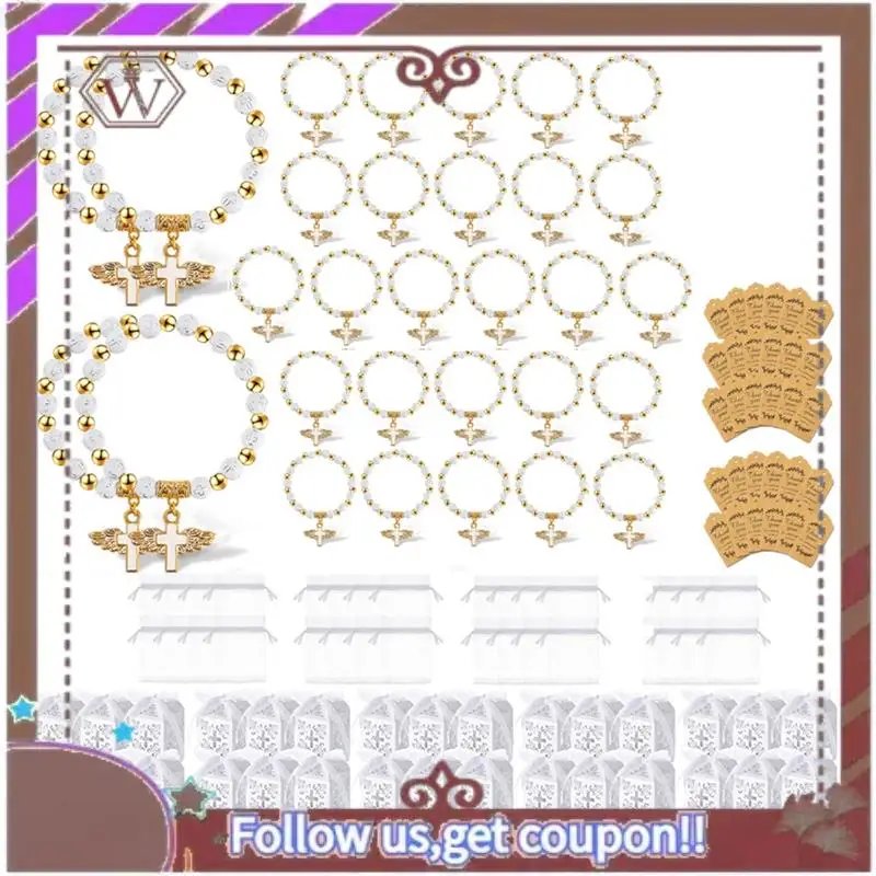 

A95D-50PCS Акриловые браслеты-розарии с крестами и крыльями ангела для крещения, бусины для крещения, подарки на крещение для женщин и мужчин B