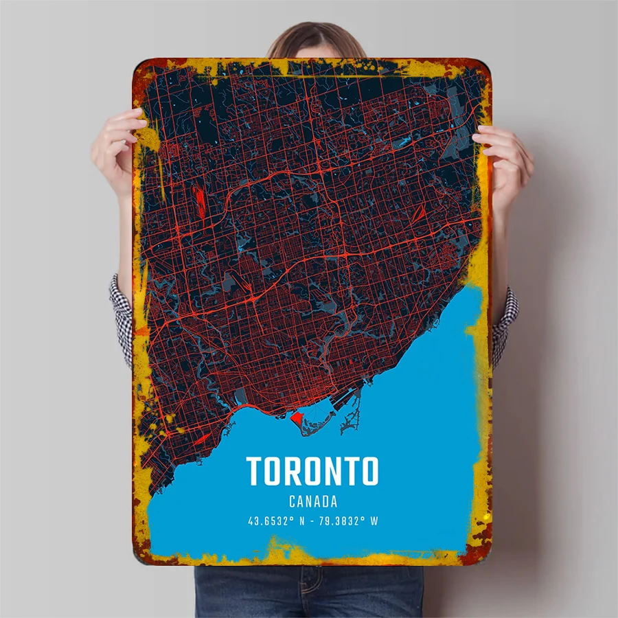 Toronto Canada City Map Metal Wall Art Modern Home Decor Vintage Style Urban Print for Living Room Office Decoration