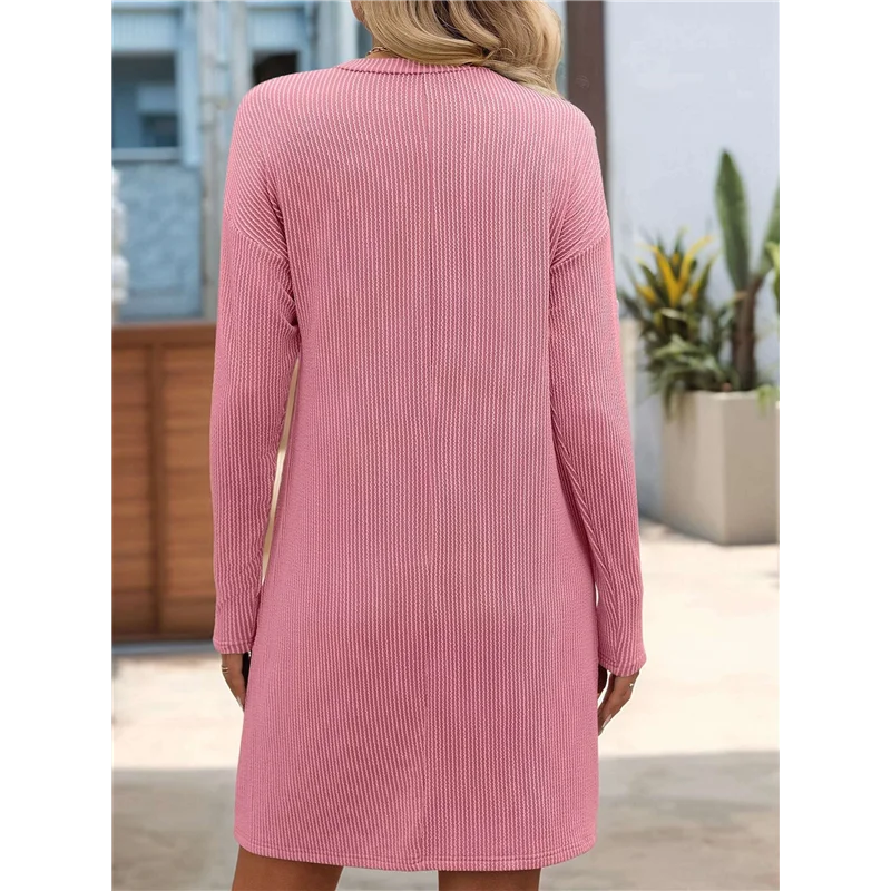 CGS-Mini robe t-shirt côtelée à manches longues et col rond pour femme, décontractée, automne