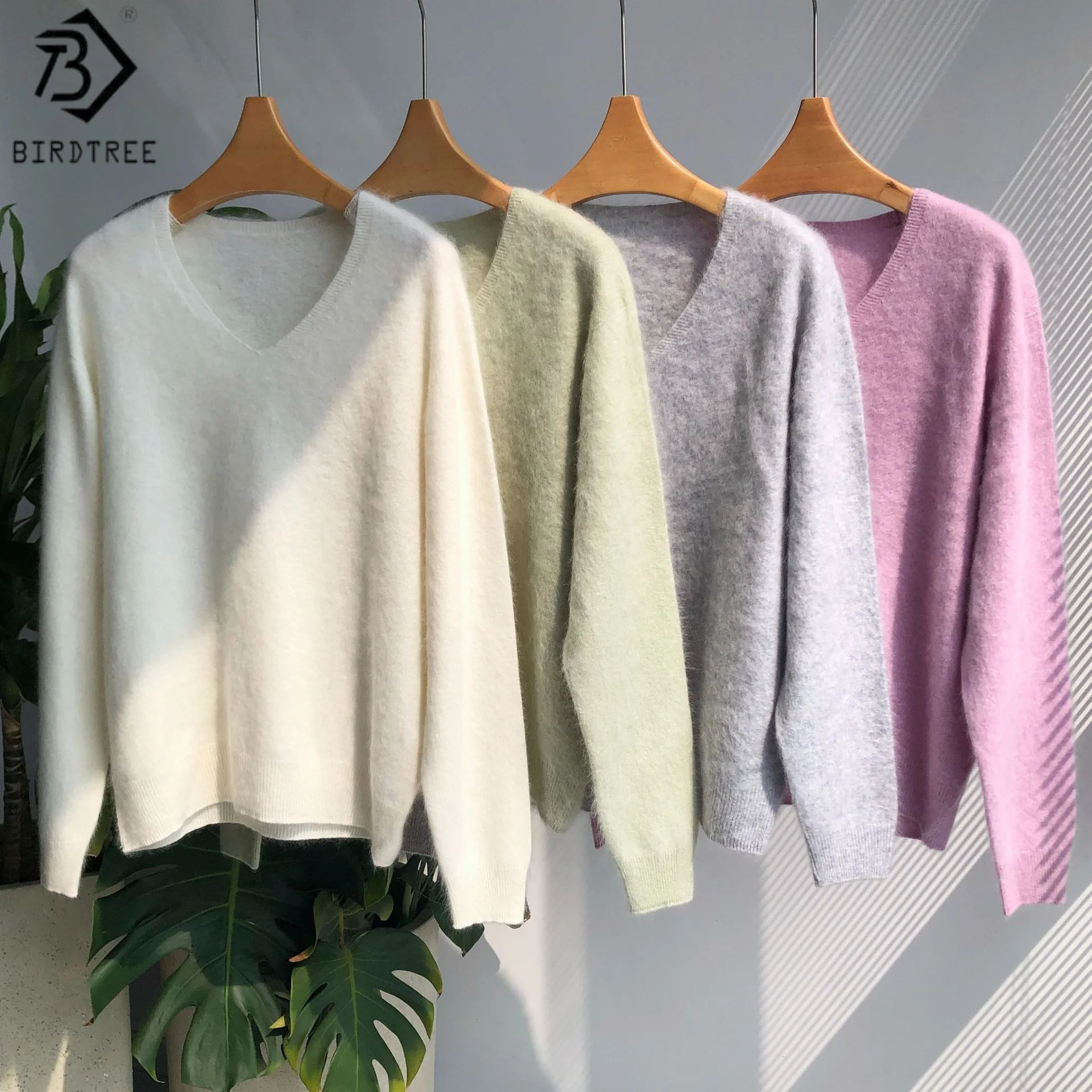 

Birdtree 95% овечья шерсть 5% кашемировый пушистый вязаный свитер, женский однотонный пуловер из смеси шерсти, осенний трикотаж с длинными рукавами T59707JF