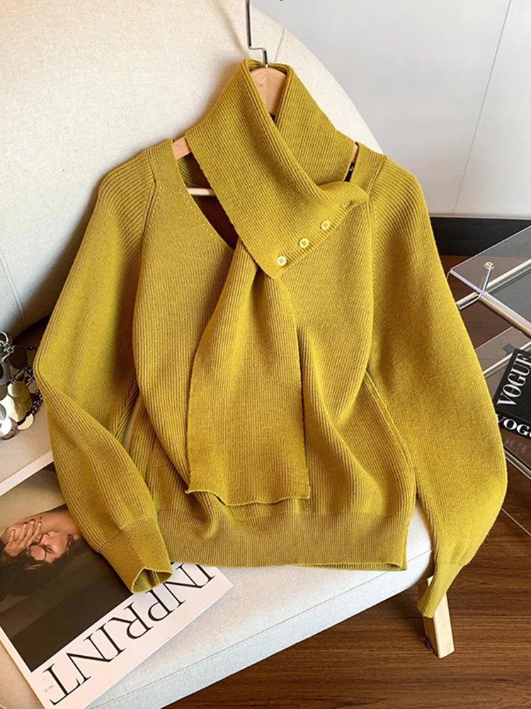 

Вязаный свитер с отстегивающимся воротником-шарфом для женщин, мягкий, универсальный, с эффектом высококачественного материала, длинный, круглый вырез, модный