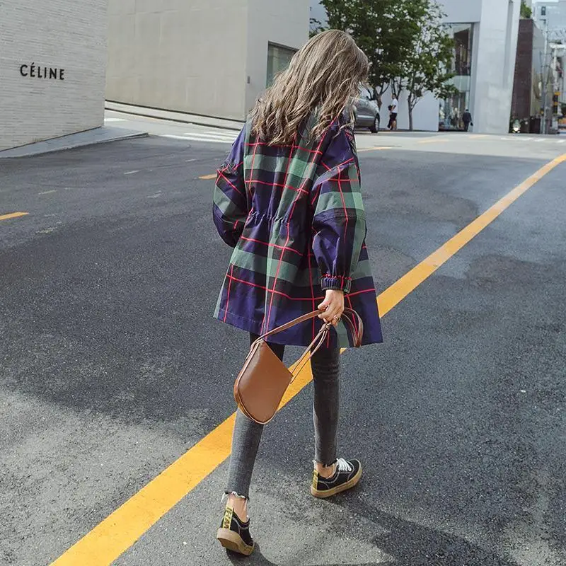 Plaid Women's Windbreaker Mid-length Korean Version 2020 New Spring and Autumn Small Tops Popular Tooling Jacket Women's Coat