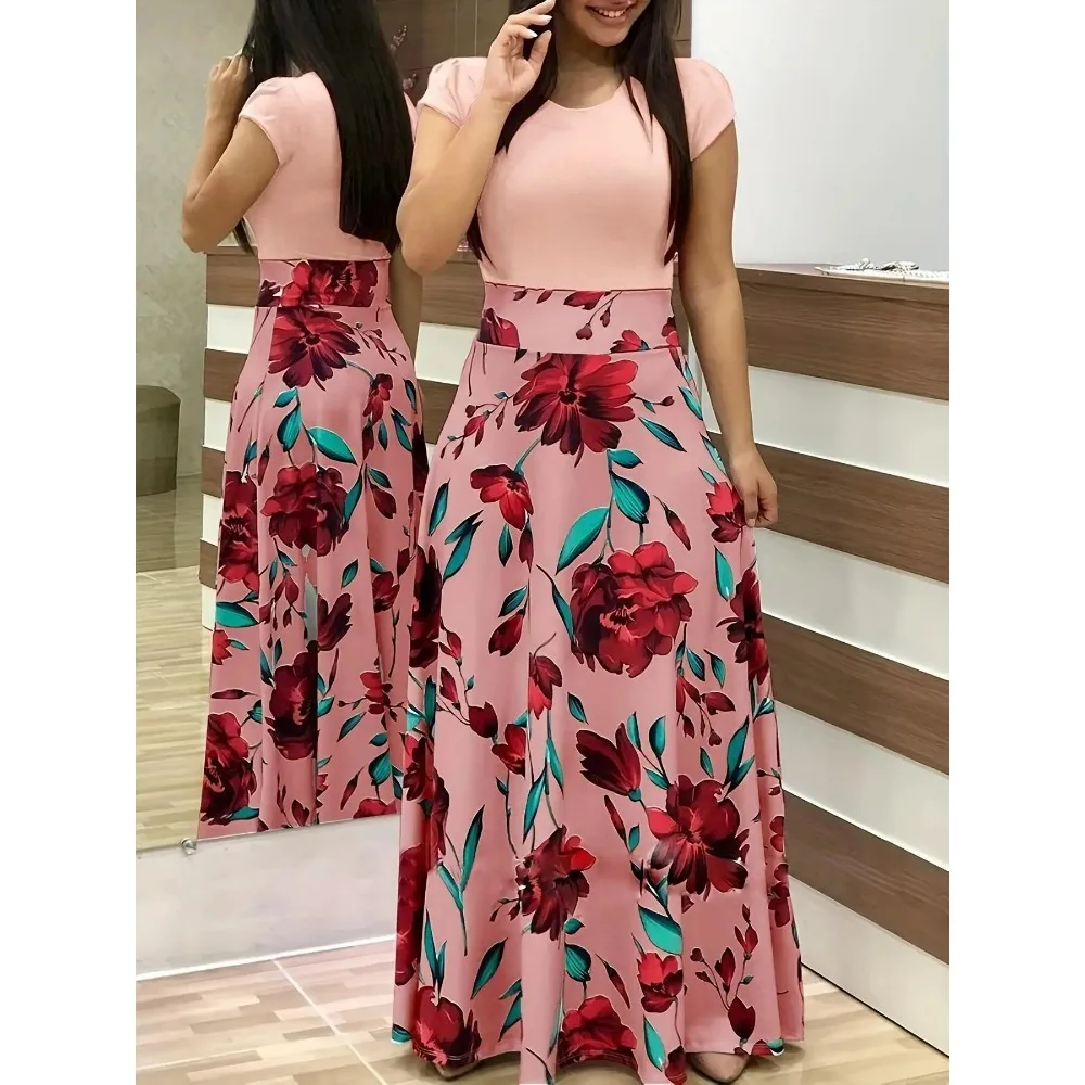 

2024 European and American style flower print color matching short sleeved dress for women's large swing skirt