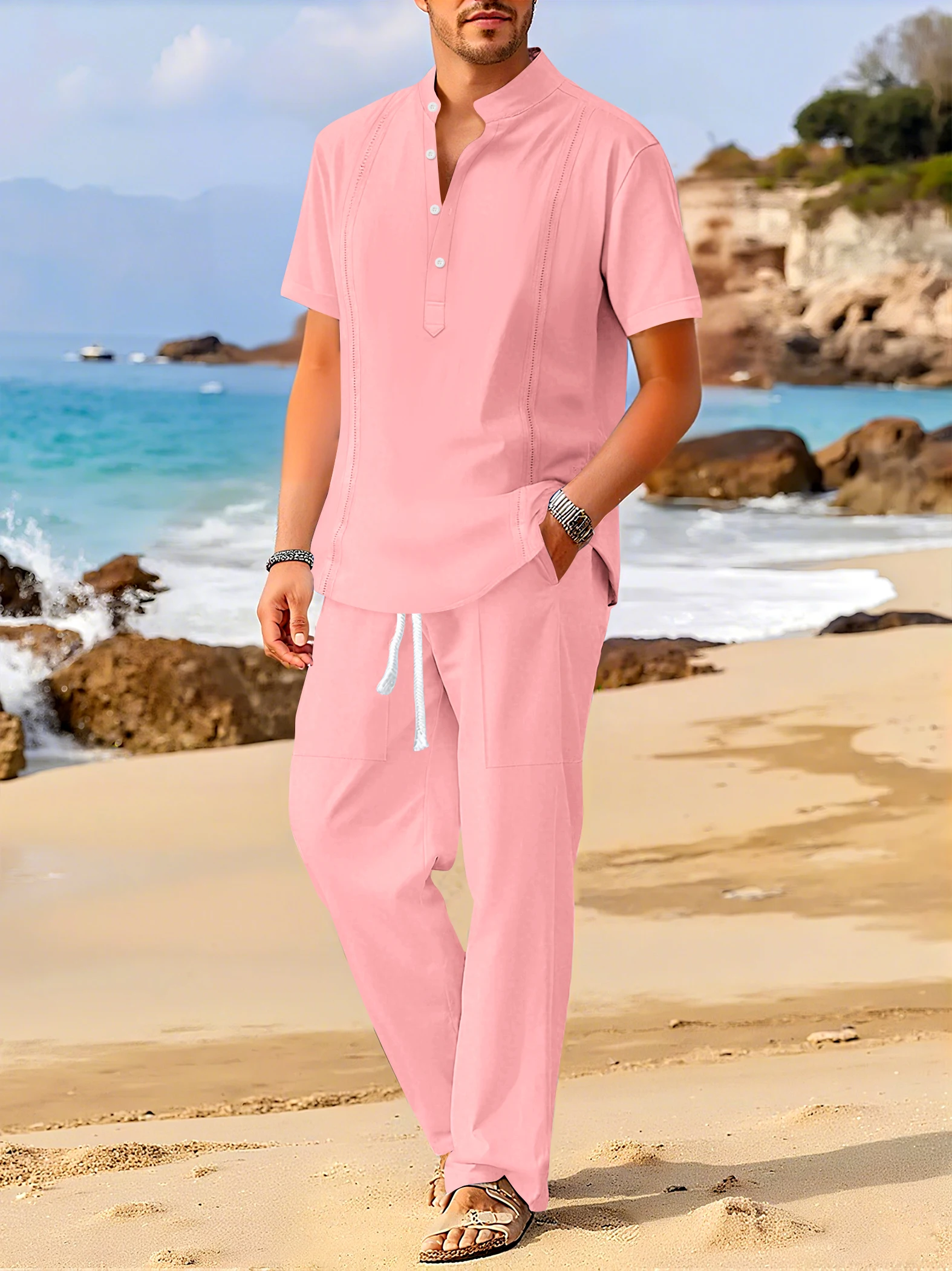 Men's Fashionable 100%Cotton Henry is wearing short-sleeved shirts. Set with Cuban Pocket Short Sleeve Casual Two-Piece Suit