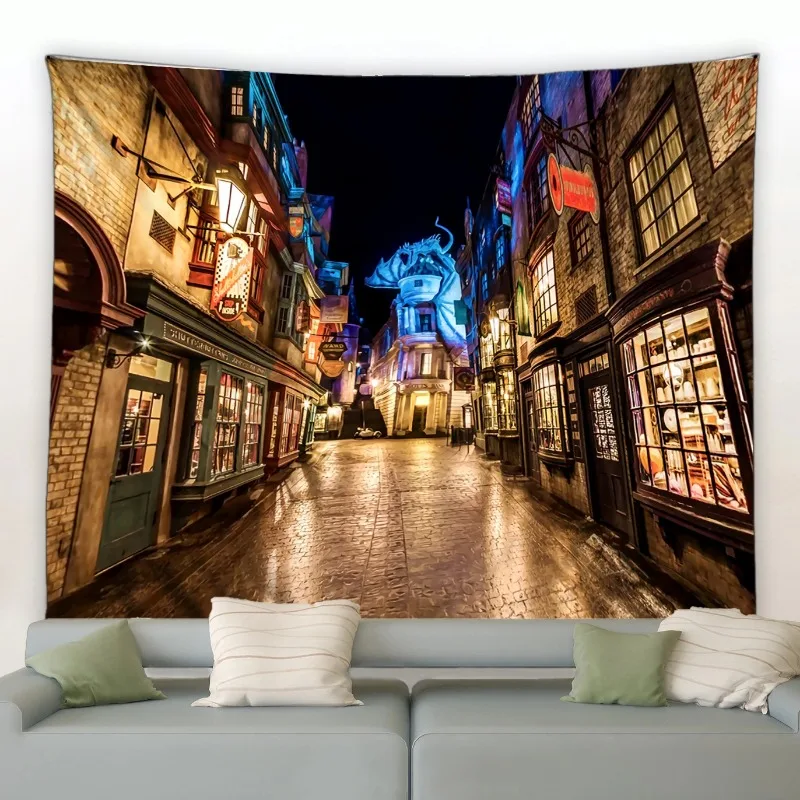 Diagon and Alley Tapestry Wall Hanging Fantasy Street Road Magic World Night Scenery Decor Tapestries for Bedroom Living Room