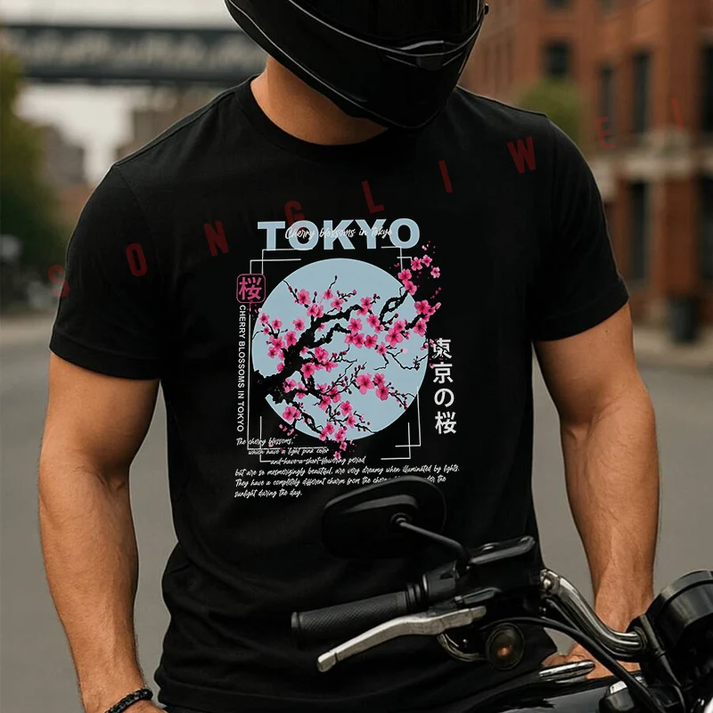 

Japanese-Style Cherry Blossom Pattern Men's T Shirt Moto Casual Dress Cotton Round Neck Short Sleeved T-shirt Tees