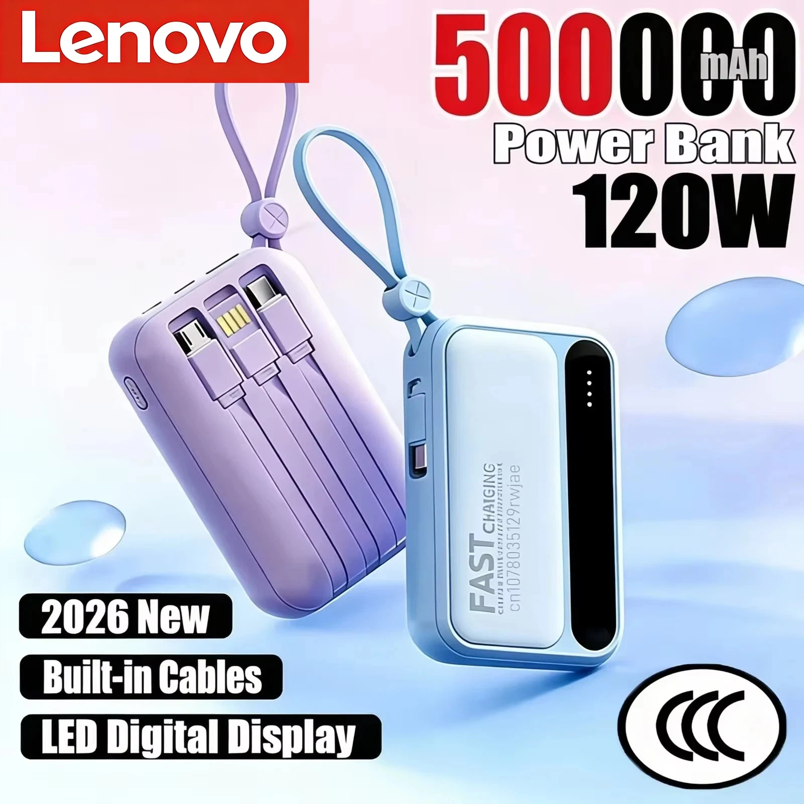 Batería Externa Lenovo de 120W y 500000mAh, Gran Capacidad, 4 en 1, con Cable, Pantalla Digital Inteligente, Ligera y Portátil, para Huawei, NUEVA