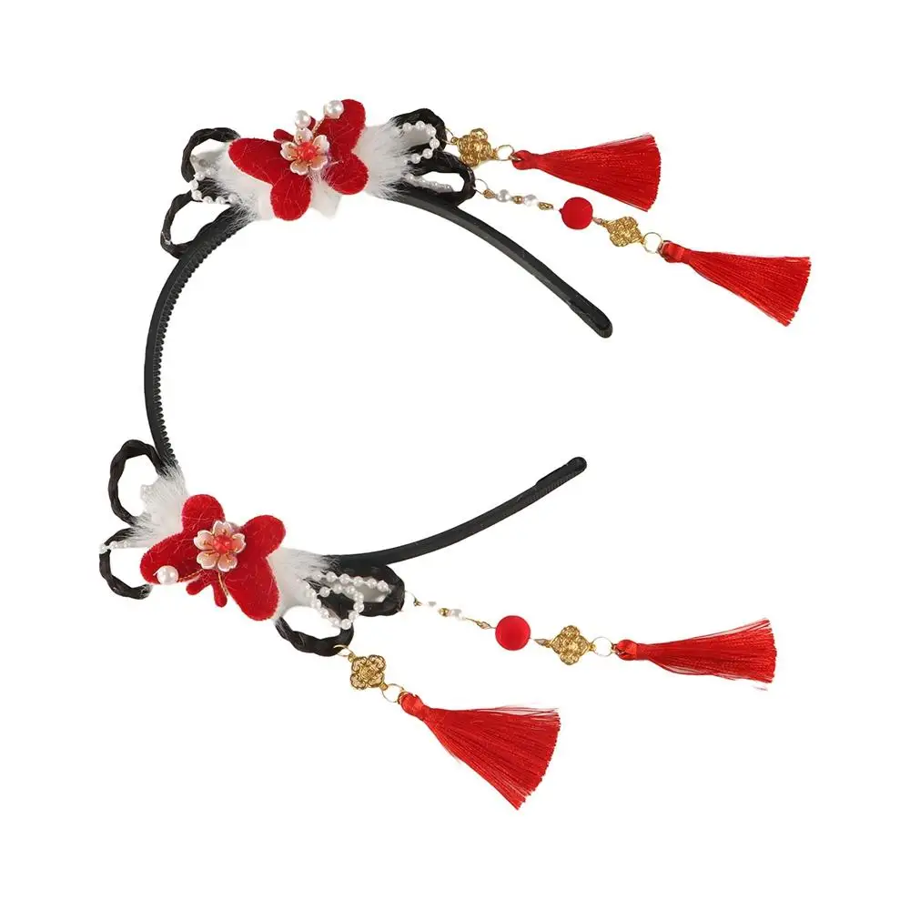 

Traditional Chinese Style Hanfu Wig Headband Red Pearl Flower Tassel Headband Ancient Cute New Year Headwear Children