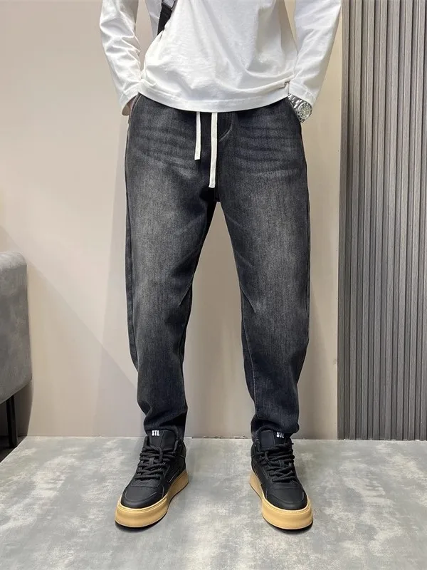 

Мужские свободные прямые джинсы с завязками на талии, эластичные эластичные джинсовые повседневные весенне-осенние модные ретро-сле