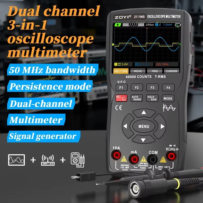 Osciloscópio Portátil 3 em 1 ZT-706S, Dual Channel 50MHz, 66000 Contagens com Multímetro Digital e Testador de Gerador de Sinal