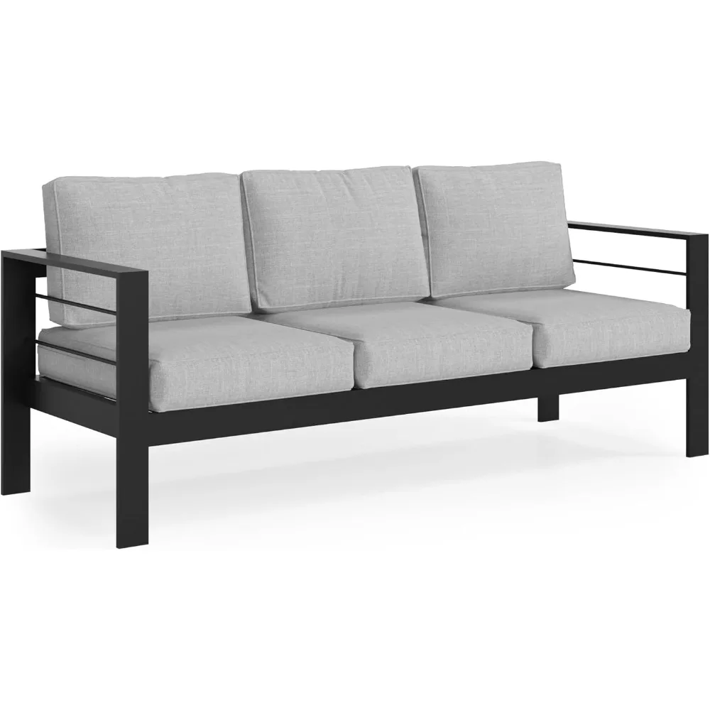 Aluminum Outdoor Couch, 3-Seat Metal Outdoor Sofa with Water-Resistant Cushion, Weather-Resistant Modern Patio Sofa, Black Fram