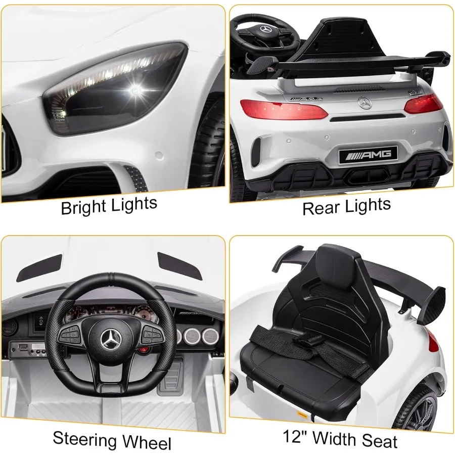 Passeio de carro 12V, veículo elétrico alimentado por bateria Mercedes Benz AMG GTR licenciado, com controle remoto para pais, assento mais amplo, luzes LED, Opena