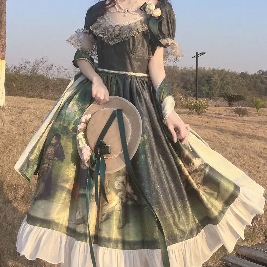 Vestido elegante de Lolita, vestido de princesa Jsk, pintura al óleo de bola del bosque, dulce Lolita, fiesta de té, vestido lo para niñas adultas