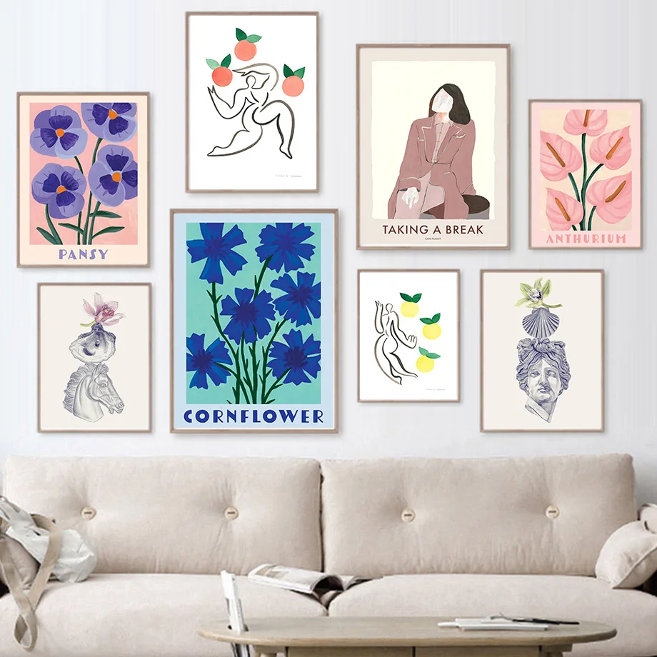 1pc frameless Canvas Painting Boho Floral Wall Art Colorful Botanical Canvas Print Anthurium Cornflower Muscari Pansy Posters Vi