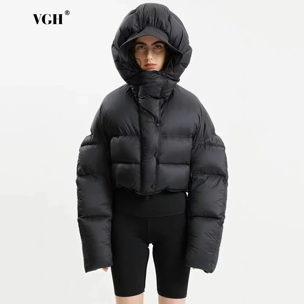 

VGH Minimalist Solid Casual Short Coats For Women Hooded Long Sleeveless Spliced Single Breasted Cotton Coats Female Fashion New