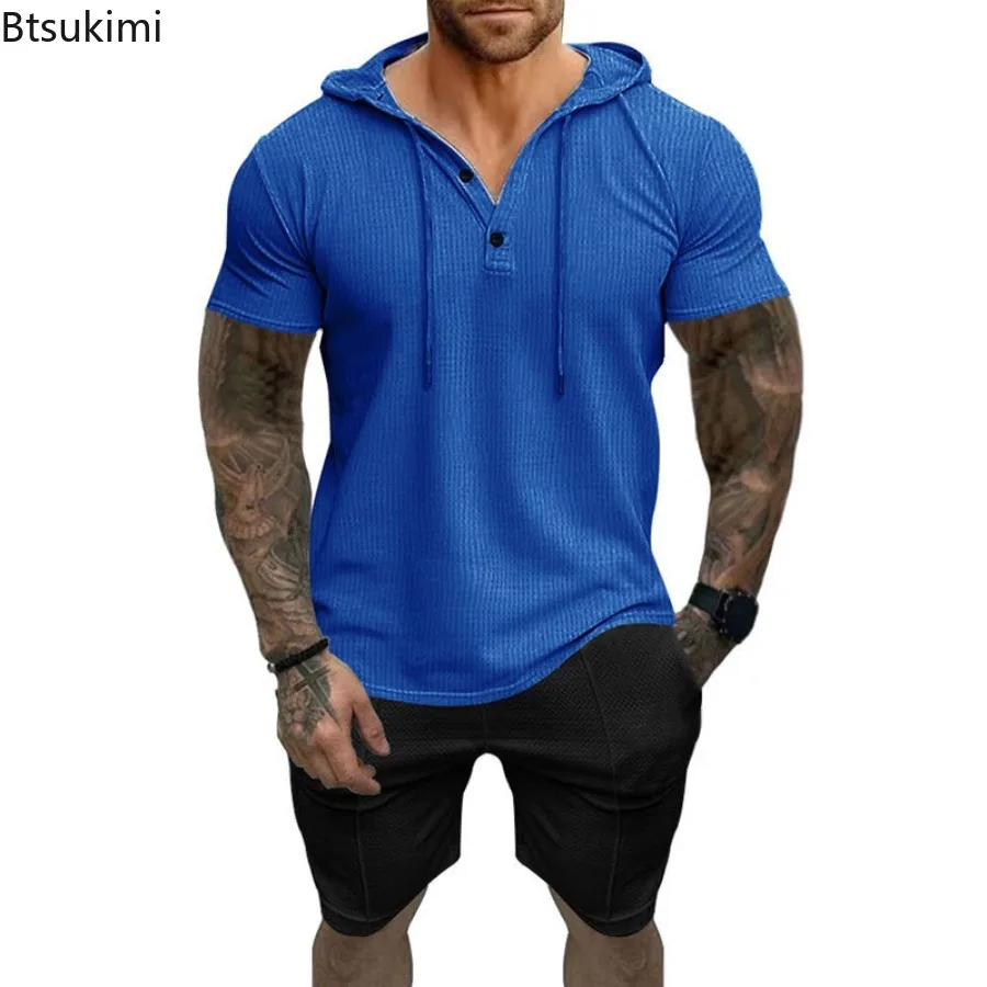 

2024 Summer New Sport Sets Men's Fashion Waffle Short Sleeve Hooded T-shirt and Shorts Two Piece Set Man Solid Casual Tracksuits