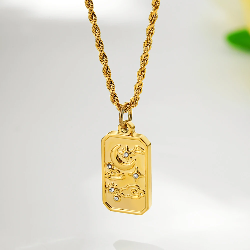 Edelstahl Quadratische Tarot Anhänger Halskette für Frauen Wasserdicht Gold Farbe Mond Stern Wolke Twist Seil Kette Halsketten