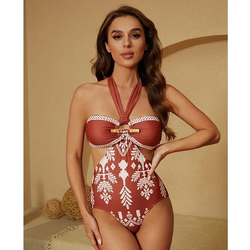 2024 สไตล์ชาติพันธุ์พิมพ์ชุดว่ายน้ํา One Piece ชุดว่ายน้ําผู้หญิง Beachwear Clearance ขายส่ง