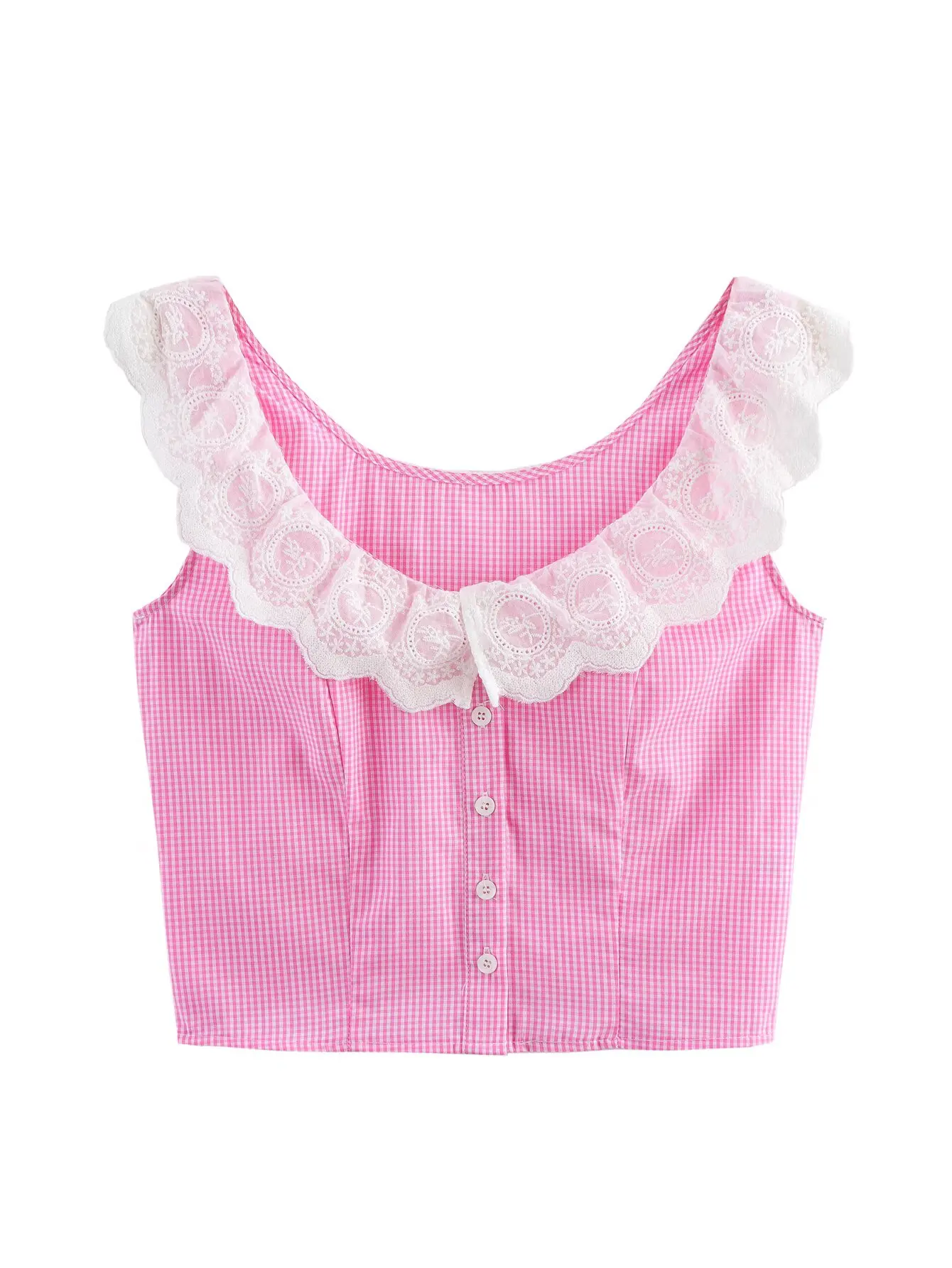 

Zevity Women Sweet Lace Crochet Stitching Plaid Print Short Blouse Femme Chic Sleeveless Vest Shirt Crop Blusas Tops LS9072