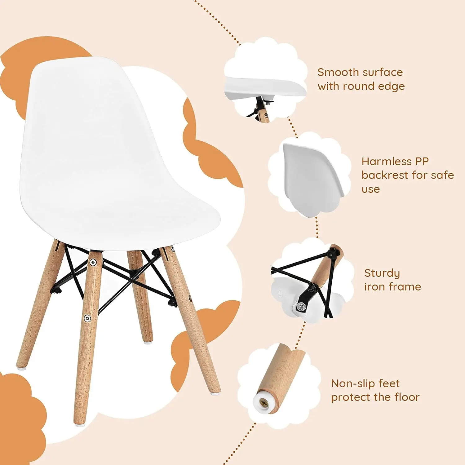 Mini DSW Toddler Study Chair, pernas de madeira maciça, Wire Steel Base, encosto curvo, cadeira plástica do meio do século para C, 4 pcs