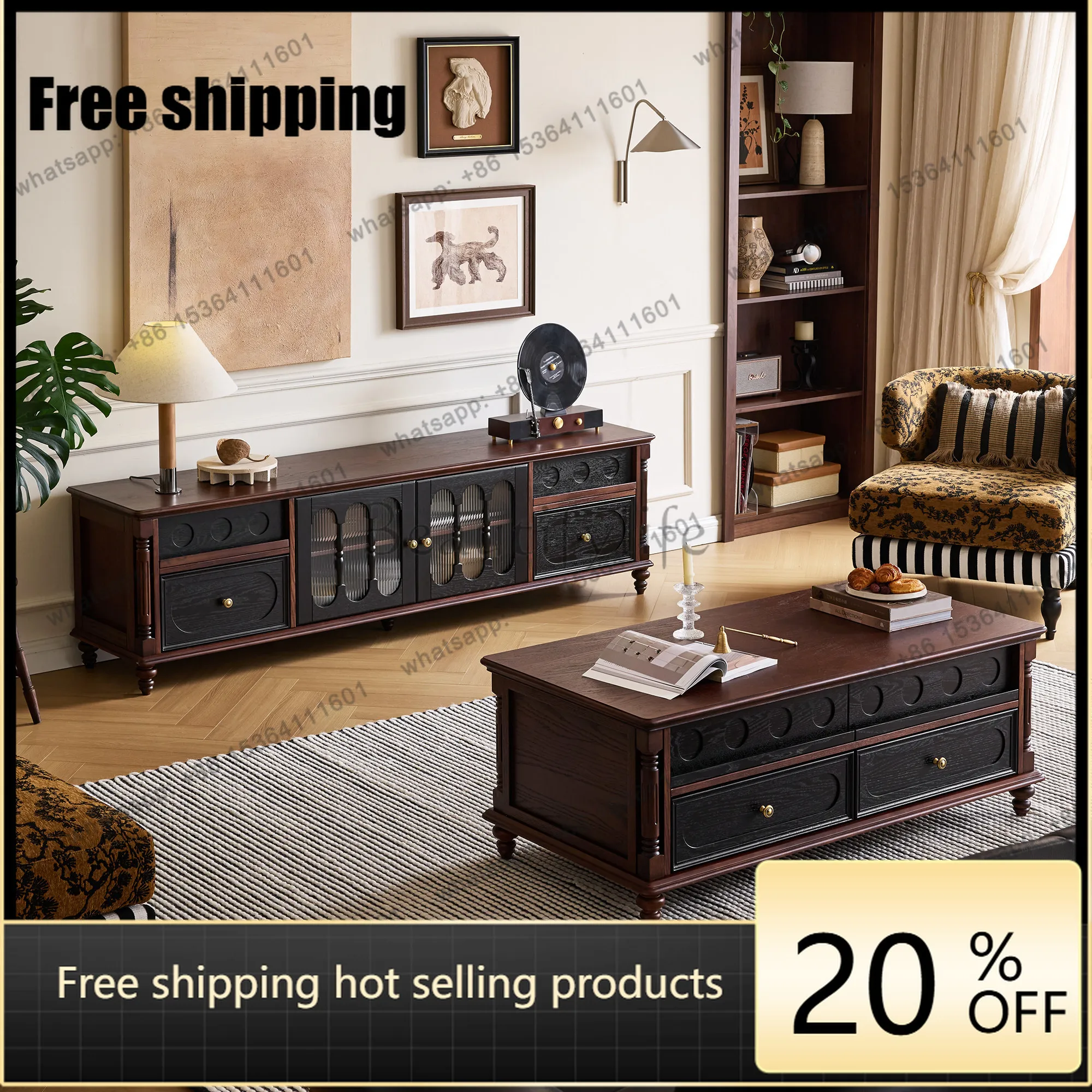 LD French medieval solid wood TV cabinet floor-to-ceiling living room home storage locker