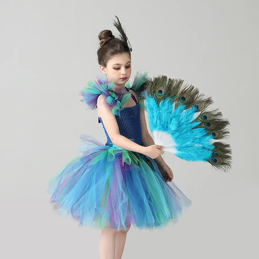 Peacock Enfant Kleid, Pfauenfeder-Cosplay, Karnevalskostüme für Kinder, Halloween, Karneval, Purim, Pfauen-Prinzessinnen-Set – Detail 6