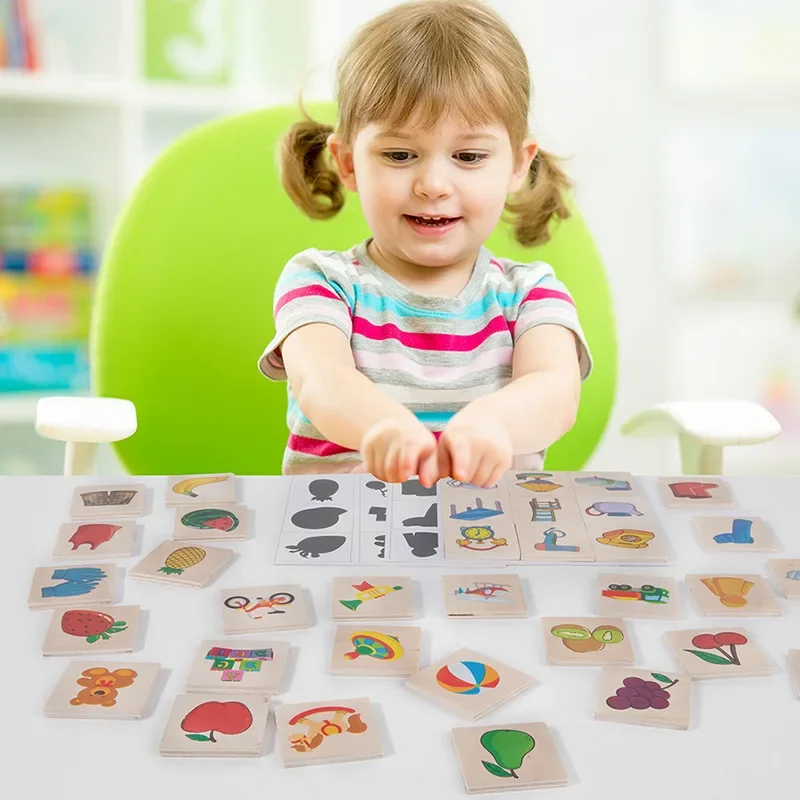 Juego de mesa a juego con forma Montessori, encuentra la sombra, imágenes combinadas, animales, frutas, bloques, rompecabezas, juguetes educativos para niños, madera