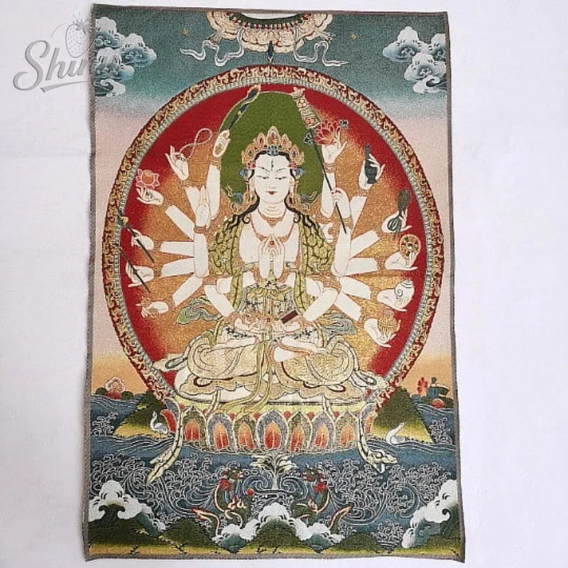 

Thousand-Armed Guanyin, Mother Cundi Brocade Tibetan Tangka embroidery painting Gold Thread Embroidery Decorative Hanging Arts