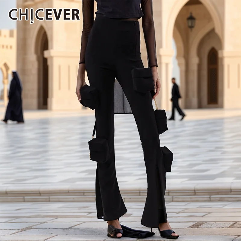 

CHICEVER Spliced Pockets Split Pants For Women High Waist Patchwork Zipper Slimming Solid Temperament Pencil Pant Female Spring